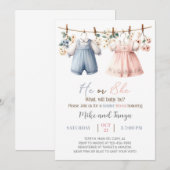 Clothesline gender reveal invitation, flowers. kaart (Voorkant / Achterkant)