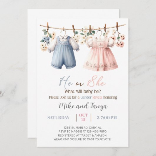 Clothesline gender reveal invitation, flowers. kaart (Voorkant / Achterkant)