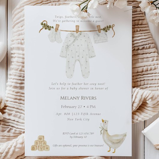 Clothesline Goose Nest Baby Shower Invitation Kaart
