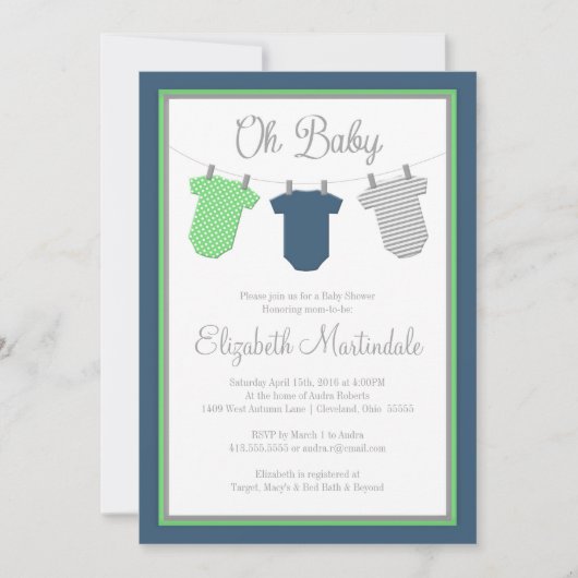 Clothesline Navy Green Baby Shower Invitation Kaart (Voorkant)