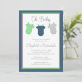 Clothesline Navy Green Baby Shower Invitation Kaart (Staand voorkant)