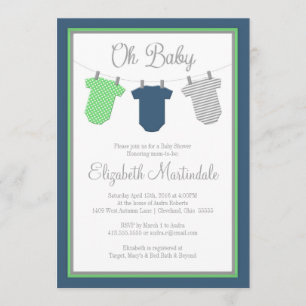 Clothesline Navy Green Baby Shower Invitation Kaart