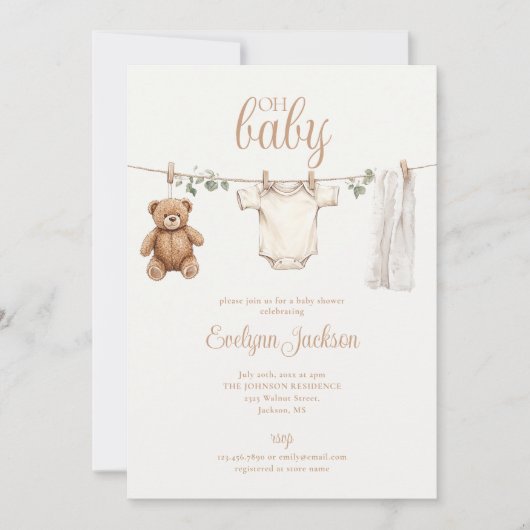 Clothesline Neutral Baby Shower Photo QR Code Kaart (Voorkant)