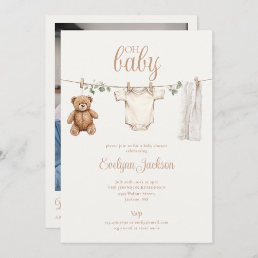 Clothesline Neutral Baby Shower Photo QR Code Kaart (Voorkant / Achterkant)