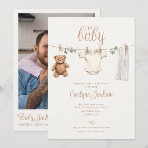 Clothesline Neutrale Baby Shower Foto QR-code Kaart