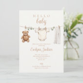 Clothesline Neutrale Baby Shower Foto QR-code Kaart (Staand voorkant)