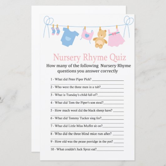 Clothesline Nursery Rhyme Quiz baby shower game (Voorkant / Achterkant)