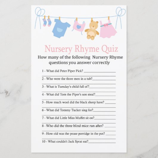 Clothesline Nursery Rhyme Quiz baby shower game (Voorkant)