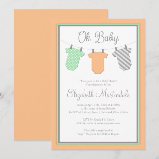 Clothesline Peach Mint Baby Girl Douche Uitnodigin Kaart (Voorkant / Achterkant)