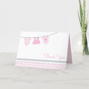 Clothesline Pink Grey Girl Baby shower Bedankkaart