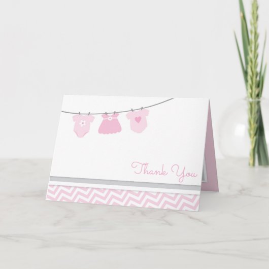 Clothesline Pink Grey Girl Baby shower Bedankkaart (Voorkant)