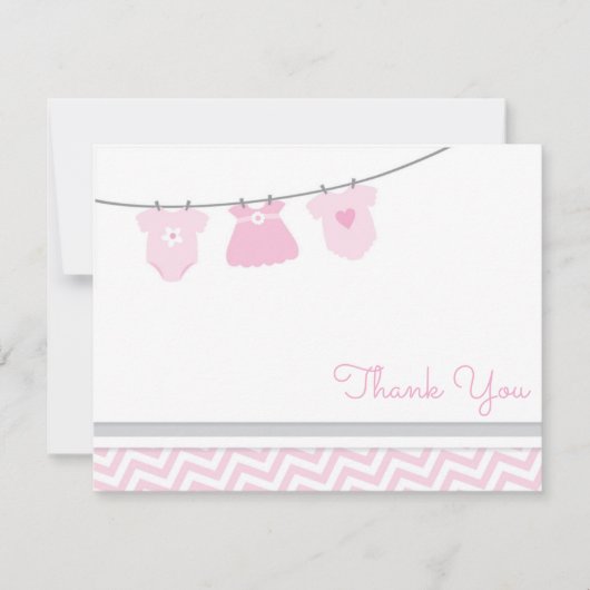 Clothesline Pink Grey Girl Baby shower Bedankkaart (Voorkant)
