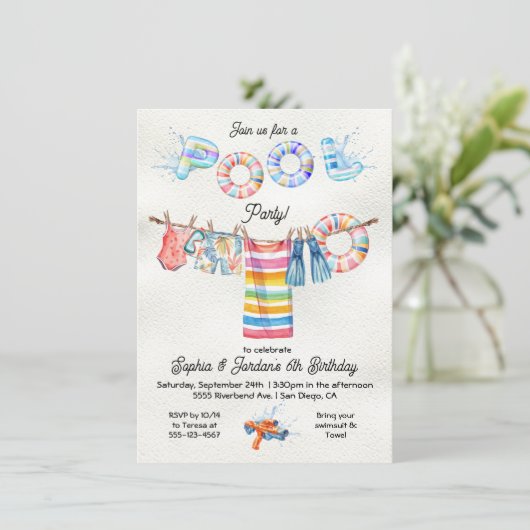 Clothesline Pool Party Verjaardag Kaart (Staand voorkant)