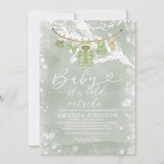 Clothesline Sage Green Cold Outside Baby Shower Kaart (Voorkant)
