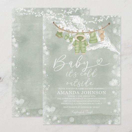 Clothesline Sage Green Cold Outside Baby Shower Kaart (Voorkant / Achterkant)