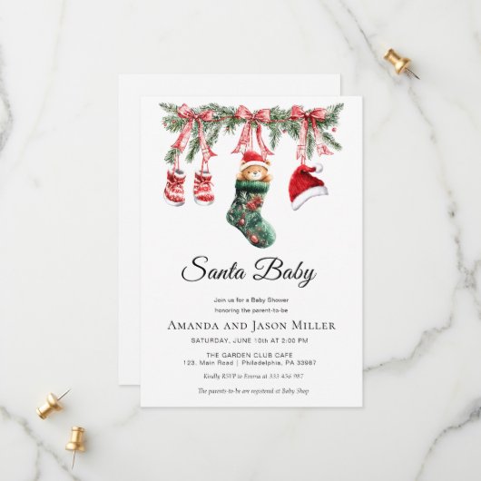 Clothesline Santa Baby Winter Shower Save The Date (Voorkant / Achterkant in situ)