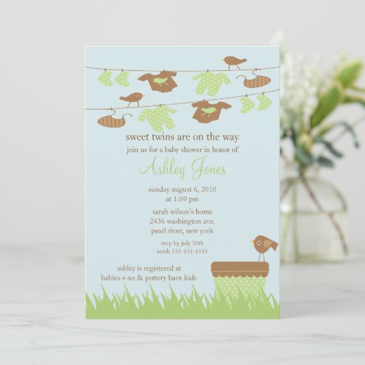 Clothesline Twins Geslacht Neutraal Baby shower Kaart (Staand voorkant)