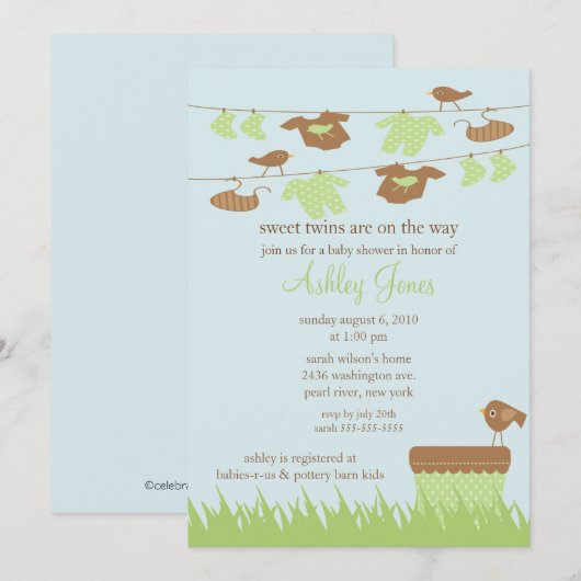 Clothesline Twins Geslacht Neutraal Baby shower Kaart (Voorkant / Achterkant)