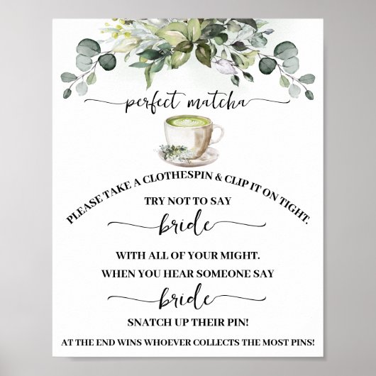 Clothespin Eucalyptus Matcha Bridal Shower Game Poster (Voorkant)