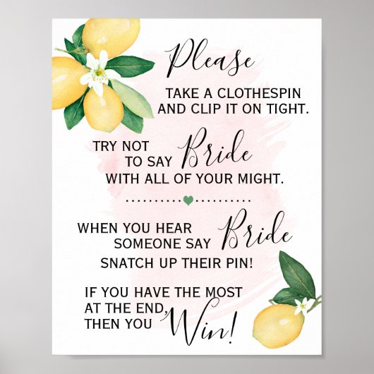 Clothespin Vrijgezellenfeest Game Lemons Pink Poster (Voorkant)