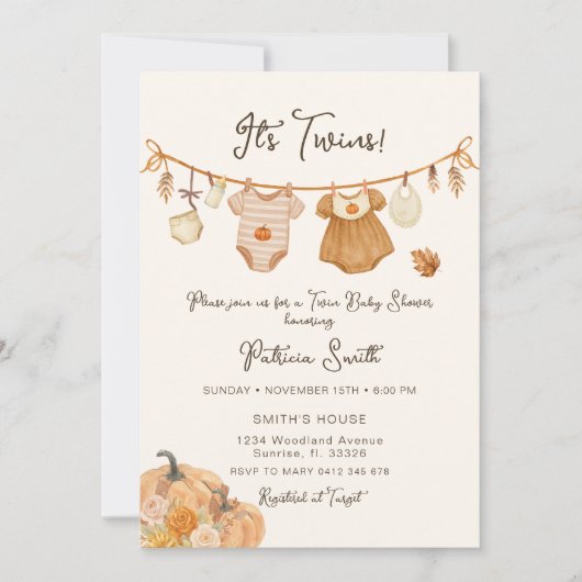 Clothsline Pumpkin Twins Baby shower Kaart (Voorkant)