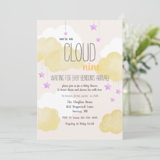 Cloud 9 Baby shower Uitnodiging in goud (Staand voorkant)