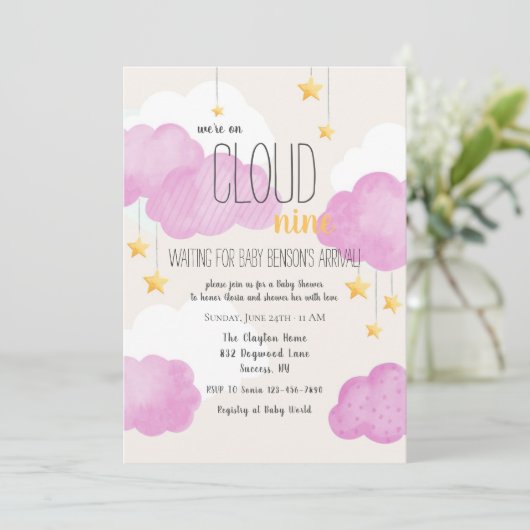 Cloud 9 Baby shower Uitnodiging in roze (Staand voorkant)