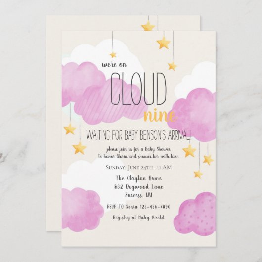 Cloud 9 Baby shower Uitnodiging in roze (Voorkant / Achterkant)