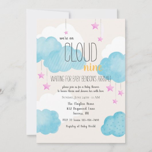 Cloud 9 Baby shower Uitnodiging met roze sterren (Voorkant)