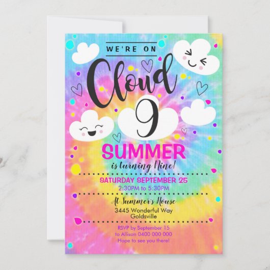 Cloud 9 Birthday Invitation Tie Dye Rainbow Kaart (Voorkant)