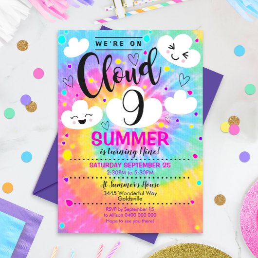 Cloud 9 Birthday Invitation Tie Dye Rainbow Kaart