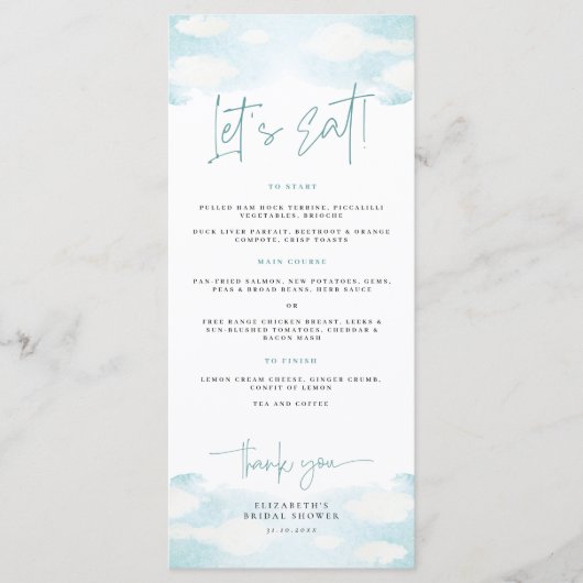 Cloud 9 blauw en wit dromerig Vrijgezellenfeest Menu (Voorkant)