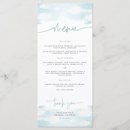 Cloud 9 blauw en wit dromerig Vrijgezellenfeest Menu (Voorkant)