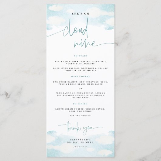 Cloud 9 blauw en wit dromerig Vrijgezellenfeest Menu (Voorkant)