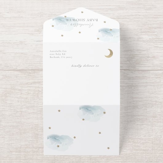 Cloud 9 Blue Clouds Boy Baby shower Folie All In One Uitnodiging (Buiten)