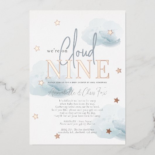 Cloud 9 Blue Clouds Boy Baby shower per Mail Folie Uitnodiging (Voorkant)