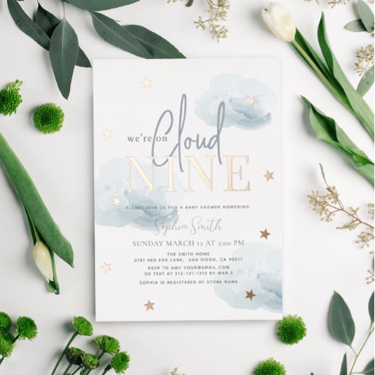 Cloud 9 Blue Clouds Waterverf Boy Baby shower Folie Uitnodiging