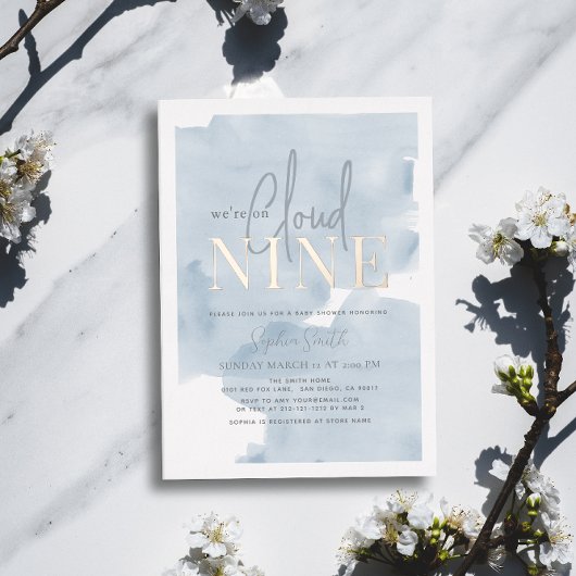 Cloud 9 Blue Sky Waterverf Boy Baby shower Folie Uitnodiging
