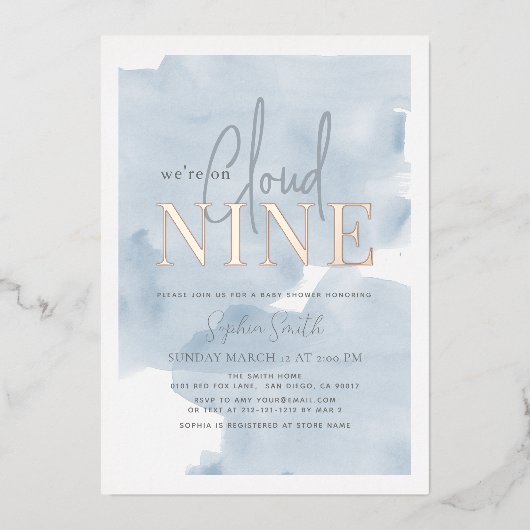 Cloud 9 Blue Sky Waterverf Boy Baby shower Folie Uitnodiging (Voorkant)