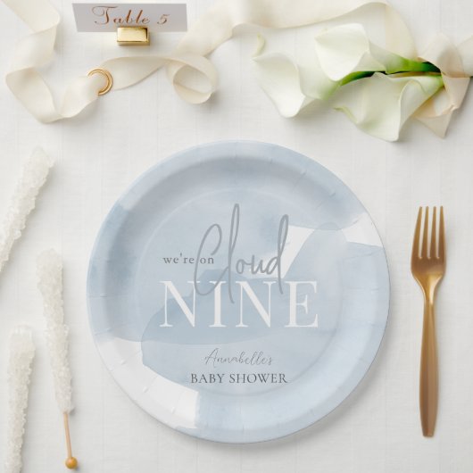 Cloud 9 Blue Sky Waterverf Boy Baby shower Papieren Bordje (Huwelijk)