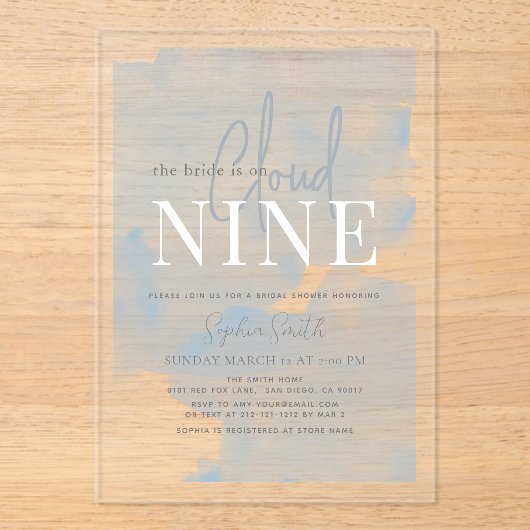 Cloud 9 Blue Sky Waterverf Vrijgezellenfeest Acryl Uitnodigingen (Voorkant)