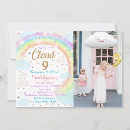 Cloud 9 Fotouitnodiging regenboogstraal 9e verjaar Kaart (Voorkant)