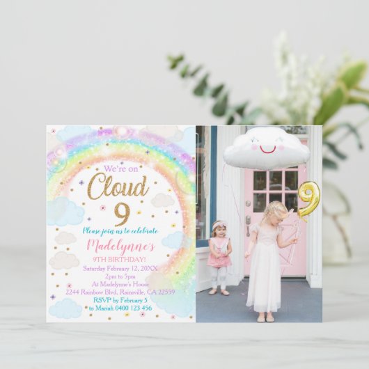 Cloud 9 Fotouitnodiging regenboogstraal 9e verjaar Kaart (Staand voorkant)