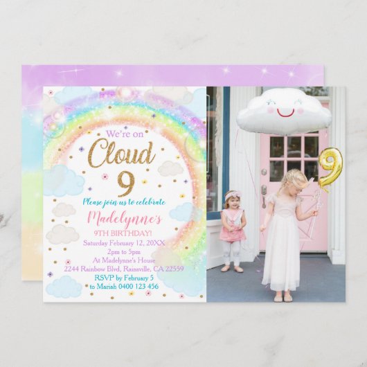 Cloud 9 Fotouitnodiging regenboogstraal 9e verjaar Kaart (Voorkant / Achterkant)