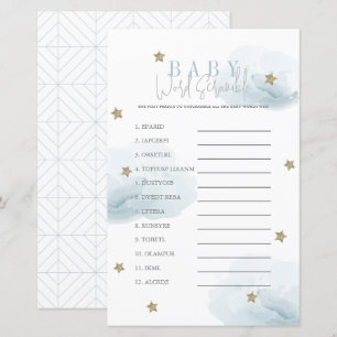 Cloud 9 Gold Stars Blauw Baby shower Word Scramble