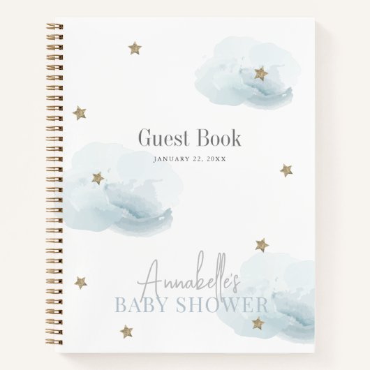 Cloud 9 Gold Stars Blue Boy Baby shower Gastenboek Notitieboek (Voorkant)