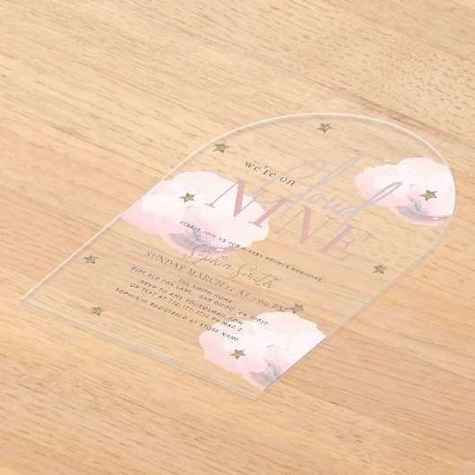 Cloud 9 Gold Stars Roze Meisje Baby shower Acryl Uitnodigingen (Laagn)