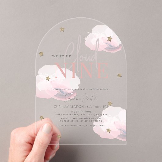 Cloud 9 Gold Stars Roze Meisje Baby shower Acryl Uitnodigingen (Insitu (Draagbaar))