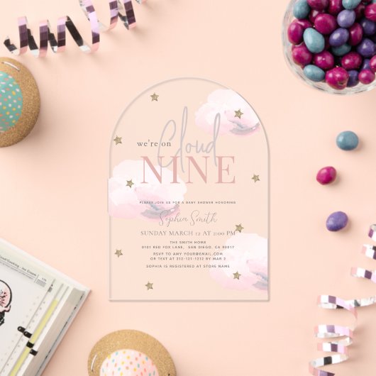 Cloud 9 Gold Stars Roze Meisje Baby shower Acryl Uitnodigingen (Insitu (Viering))