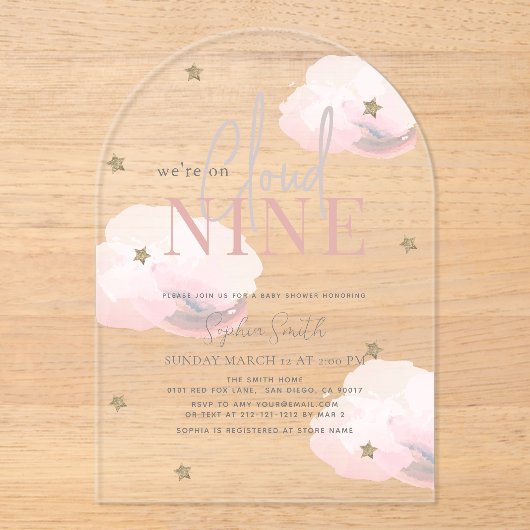 Cloud 9 Gold Stars Roze Meisje Baby shower Acryl Uitnodigingen (Voorkant)